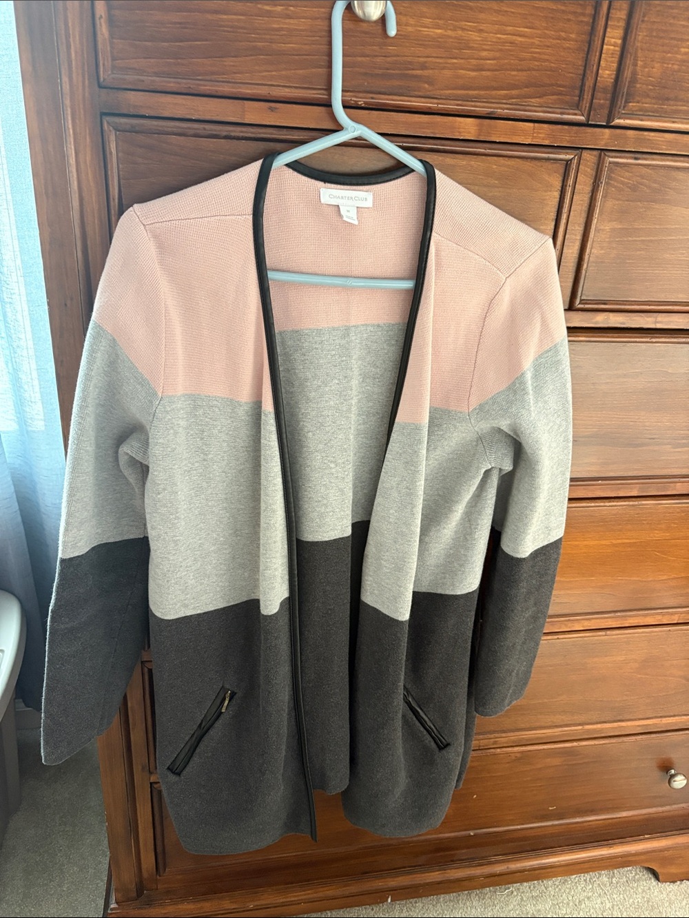 Charter Club Pink Gray Charcoal Colorblock Open Cardigan